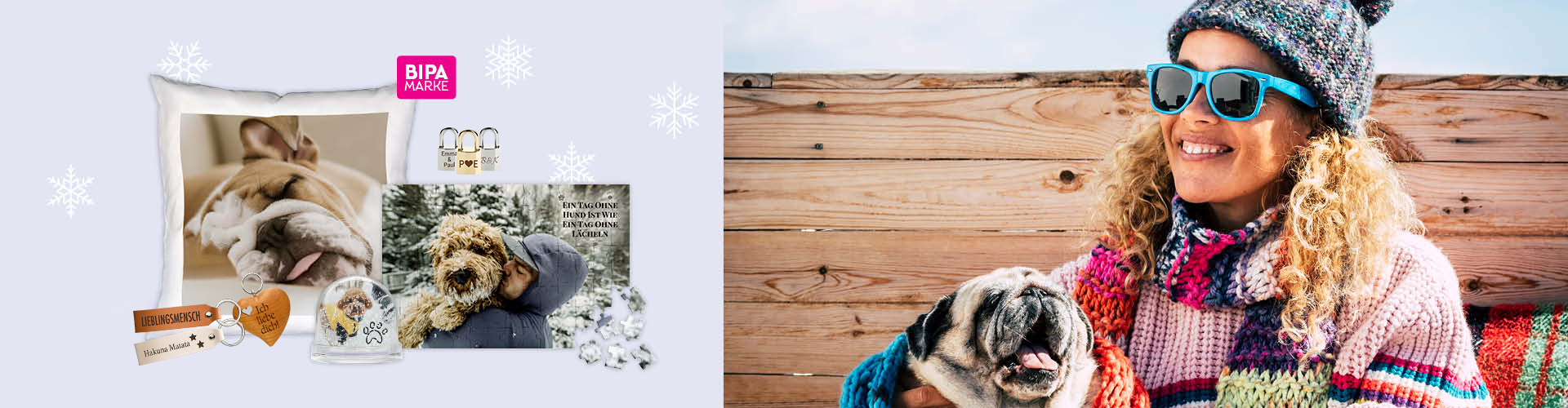 Frau mit Hund im Schnee, daneben Fotogeschenke wie Kissen, Tasse, Puzzle und Schneekugel im BIPA Fotoshop gestalten.