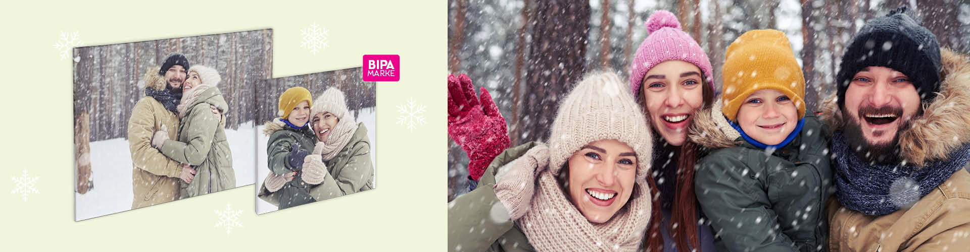 Fröhliche Familie im Schnee mit Fotoleinwänden – unvergessliche Wintermomente als Wandbilder im BIPA Fotoshop.