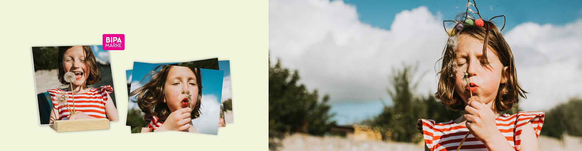 Ein Mädchen pustet lachend Pusteblumen – perfekte Frühlingsmomente als hochwertige Fotoabzüge im BIPA Fotoshop gestalten.