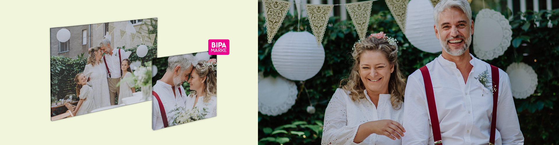 Hochzeitspaar und Familie vor festlicher Kulisse – persönliche Wandbilder mit Lieblingsfotos als Hochzeitsgeschenk gestalten.